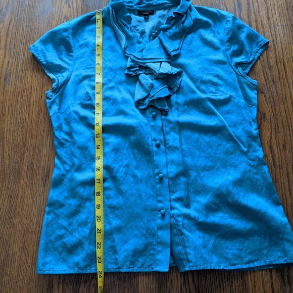 Talbots Teal Ruffle Neck Cotton/Silk Blouse - Sz 8 - Picture 11 of 12